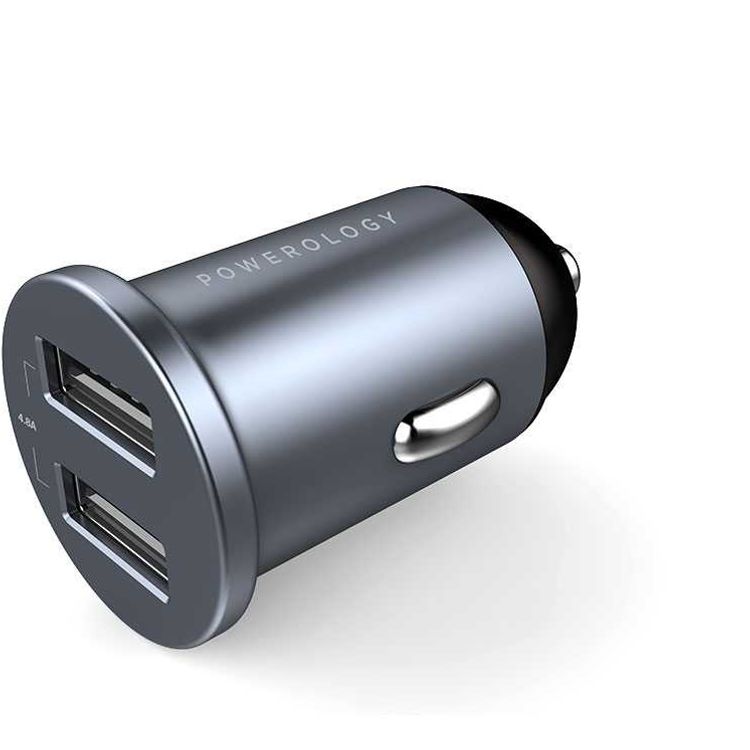 Powerology Dual USB-A Port Aluminum Mini Car Charger 4.8A 24W, Optimal Charging for Two Devices Simultaneously, Quick Charging Aluminum Car Adapter - Gray