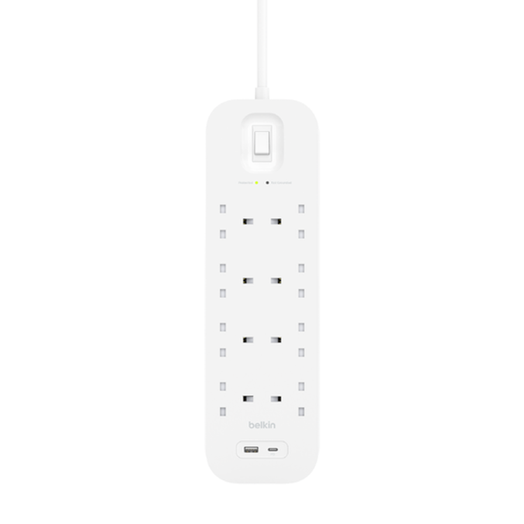 بلكين كونكت سيرج مع منافذ USB-C وUSB-A، مخرج تيار متردد 18 وات 8x - أبيض