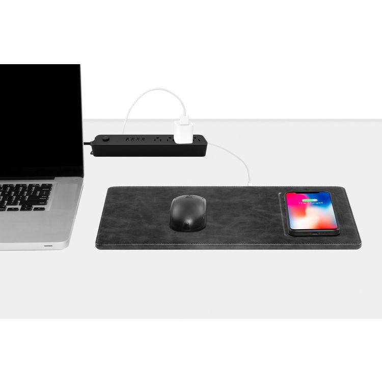 Powerology PU Leather Qi Wireless Charging Mouse Pad 10W, Case-Friendly, Fast Wireless Charging Mouse Mat Compatible for 12/12 Pro/12 Pro Max/11/11 Pro/11 Pro Max, Samsung Galaxy S10/S9/S8/Note 10 - Charcoal