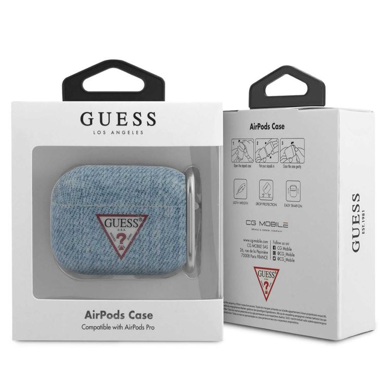 CG Mobile Guess Denim Triangle Case with Anti-Lost Carabiner Compatible for AirPods Pro, Scratch & Drop Resistant, Dustproof & Absorbing Protective Cover Suitable with Wireless Charger Officially Licensed - Light Blue