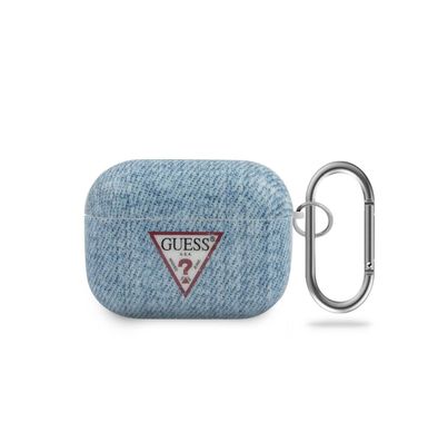 CG Mobile Guess Denim Triangle Case with Anti-Lost Carabiner Compatible for AirPods Pro, Scratch & Drop Resistant, Dustproof & Absorbing Protective Cover Suitable with Wireless Charger Officially Licensed - Light Blue