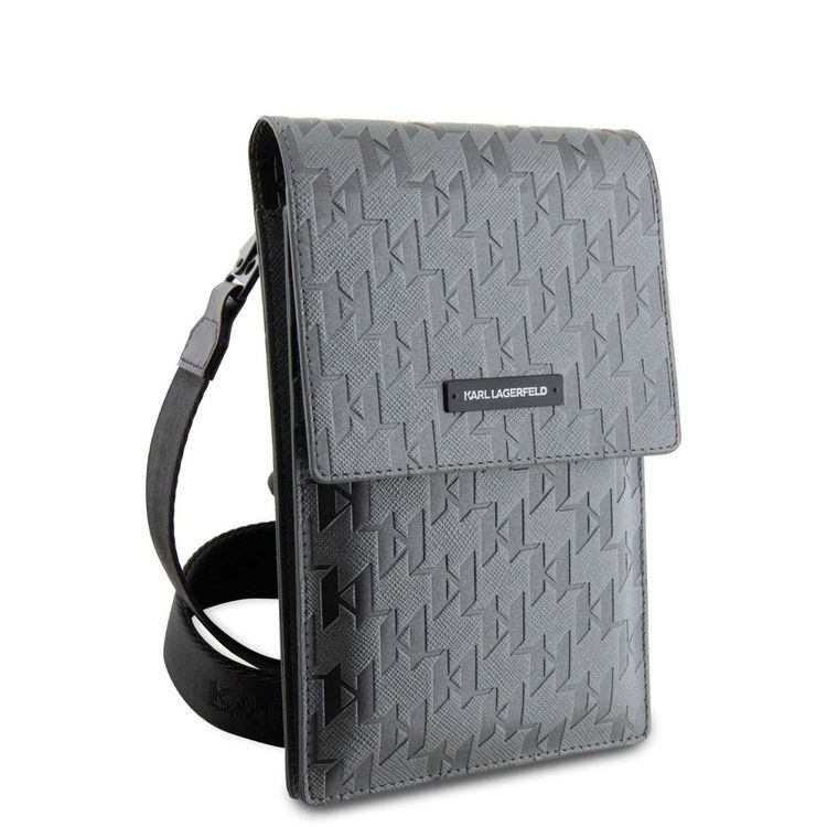 Karl Lagerfeld Monogram Plate Phone Pouch with Strap and Cardslots - Grey