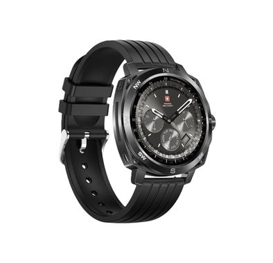 Swiss Military DOM4 Smartwatch, 1.43" AMOLED Display, Built in Compass, Bluetooth Calling, Workout Detection - Black With Black Silicon Strap
