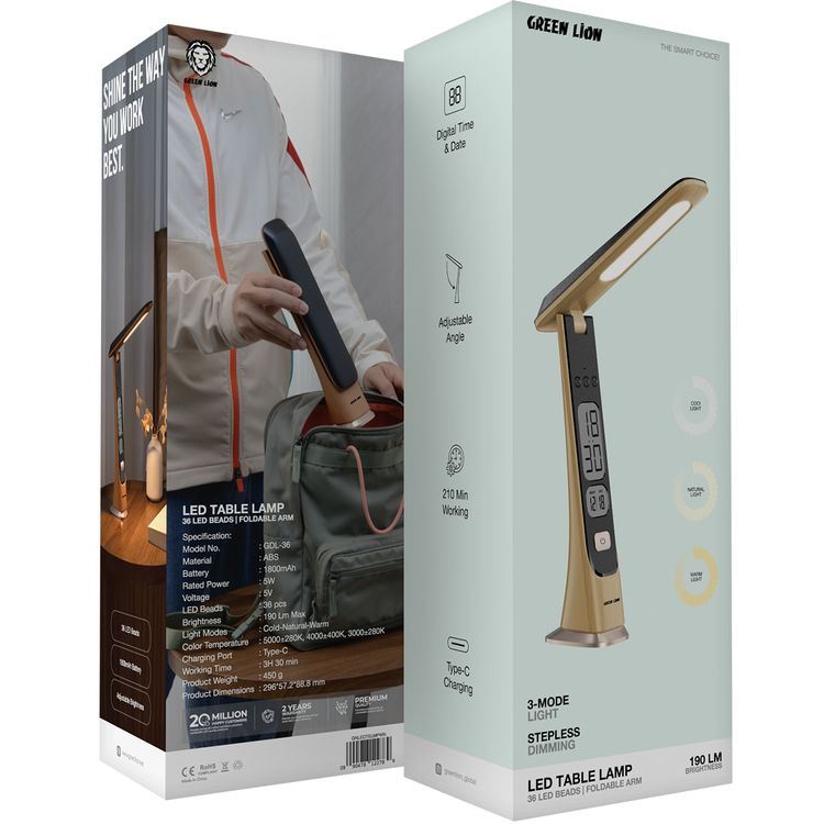 مصباح طاولة ليد من جرين ليون مصنوع من مادة ABS، سعة بطارية 1800 مللي أمبير، أوضاع إضاءة باردة - طبيعية - دافئة، وقت عمل 3.5 ساعة، سطوع وزاوية قابلة للتعديل، وقت وتاريخ رقمي