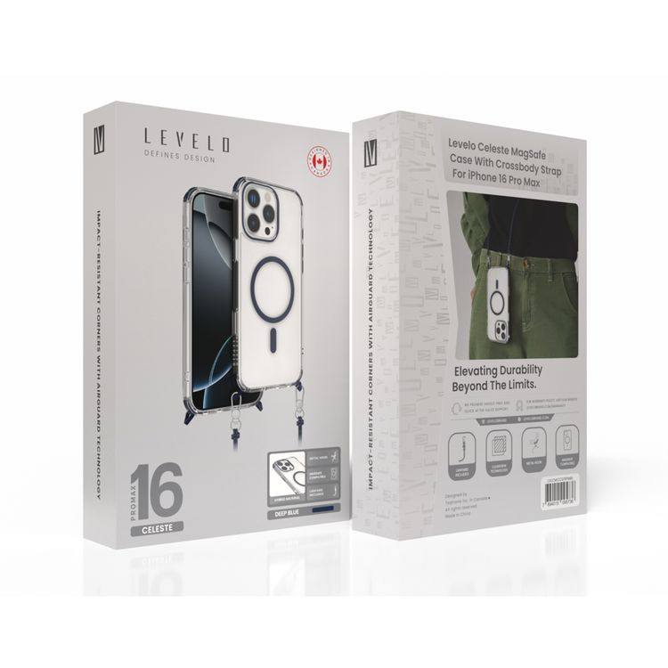 حافظة Levelo Celeste MagSafe مع حزام كروس بودي لهاتف iPhone 16 Pro Max، تقنية AirGuard، خطاف معدني، مادة متينة - أزرق غامق