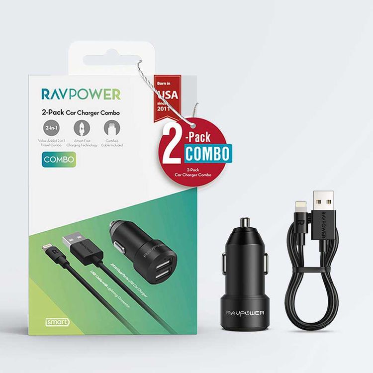RAVPower 2-Pack Dual USB Ports Car Charger Combo 24W w/ 1M Cable Compatible for iPhone Lightning Devices - Compact Car Power Adapter - iSmart Fast Charging Technology - Black