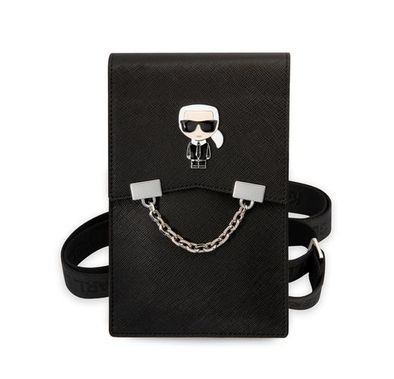 Karl Lagerfeld Wallet with Chain and Karl Ikonik Metal Logo, Bag for Phone, Document, Money or Key and etc. - Black