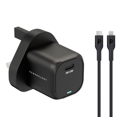 Powerology 33W GaN PD Charger With 1.2m/3.9ft USB-C To USB-C  Cable - Black