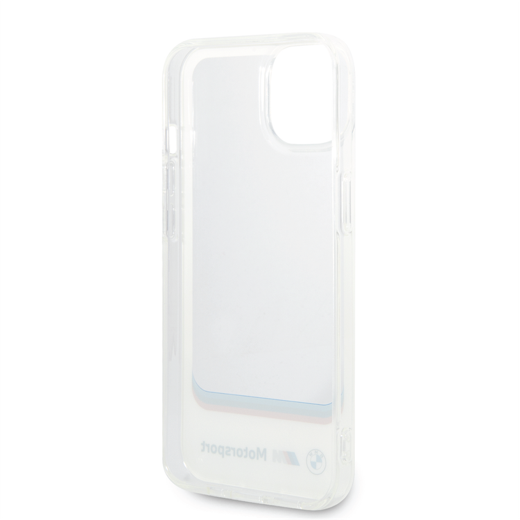 BMW Motorsport Collection PC/TPU IML Case Big Square Transparent and Printed Bottom Logo iPhone 14 Plus Compatibility - White