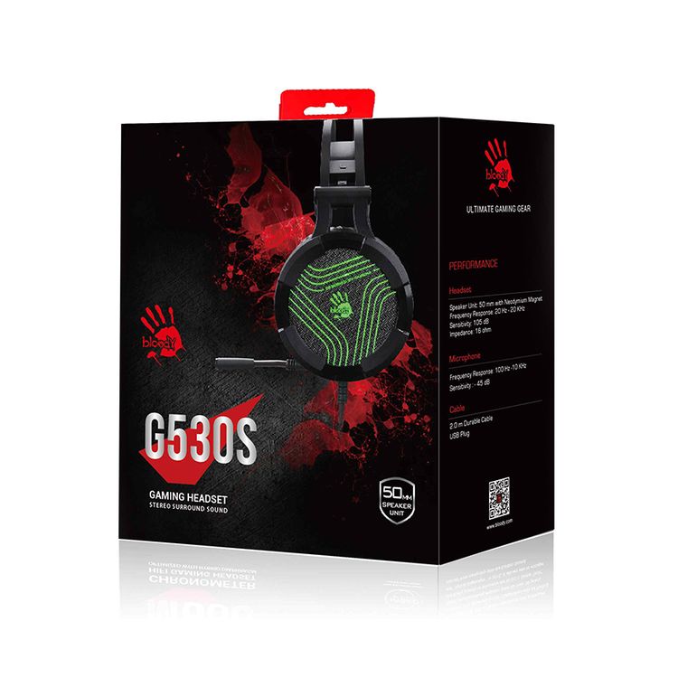 Bloody G530S Gaming Headset with Dazzling Single Green Lighting & Omni-Directional Noise-Canceling Mic., Soft Leather Auto-Adjusting Headband - Black