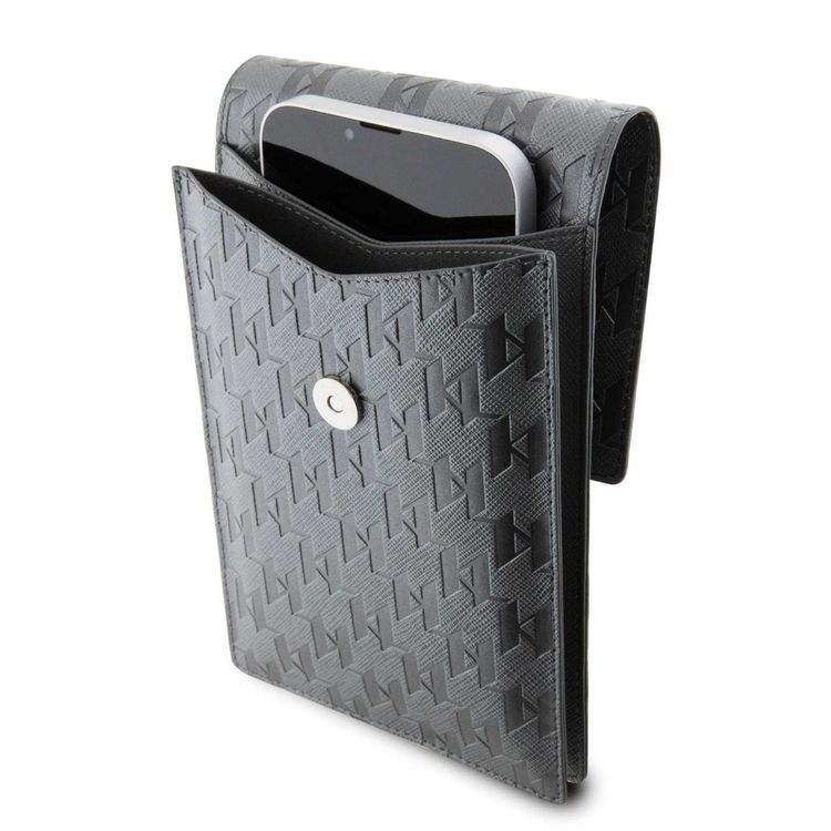 Karl Lagerfeld Monogram Plate Phone Pouch with Strap and Cardslots - Grey