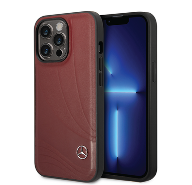 CG MOBILE Mercedes-Benz Genuine Leather Case With New WaveIII Pattern, Compatible w/ 14 Pro Max (6.7") Scratch & Drop Protection, Wireless Charger Compatibility - Red