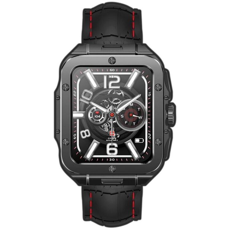 ساعة سويس ميليتاري ألبس 2، شاشة عالية الدقة مقاس 1.85 بوصة، ذاكرة مدمجة 4 جيجابايت، اكتشاف التمرين، مراقبة ضغط الدم ومستوى الأكسجين، إجراء واستقبال المكالمات - إطار معدني وحزام سيليكون أسود