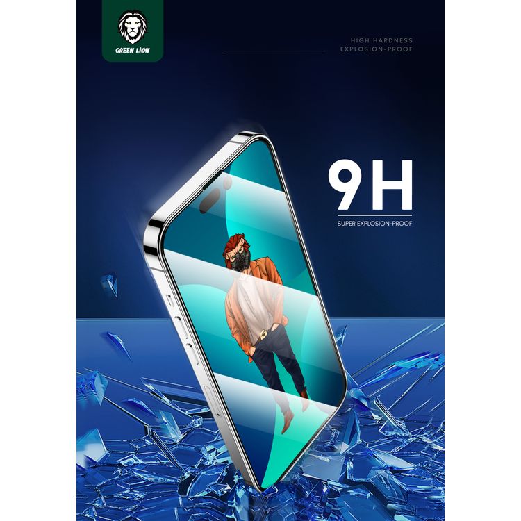 واقي شاشة زجاجي بحافة دائرية ثلاثية الأبعاد بتصميم أسد أخضر لهاتف آيفون 14 برو ماكس - شفاف