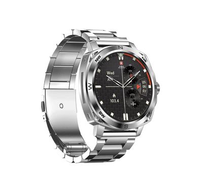 Swiss Military DOM4 Smartwatch, 1.43" AMOLED Display, Built in Compass, Bluetooth Calling, Workout Detection - Silver with Stainless Steel Strap 