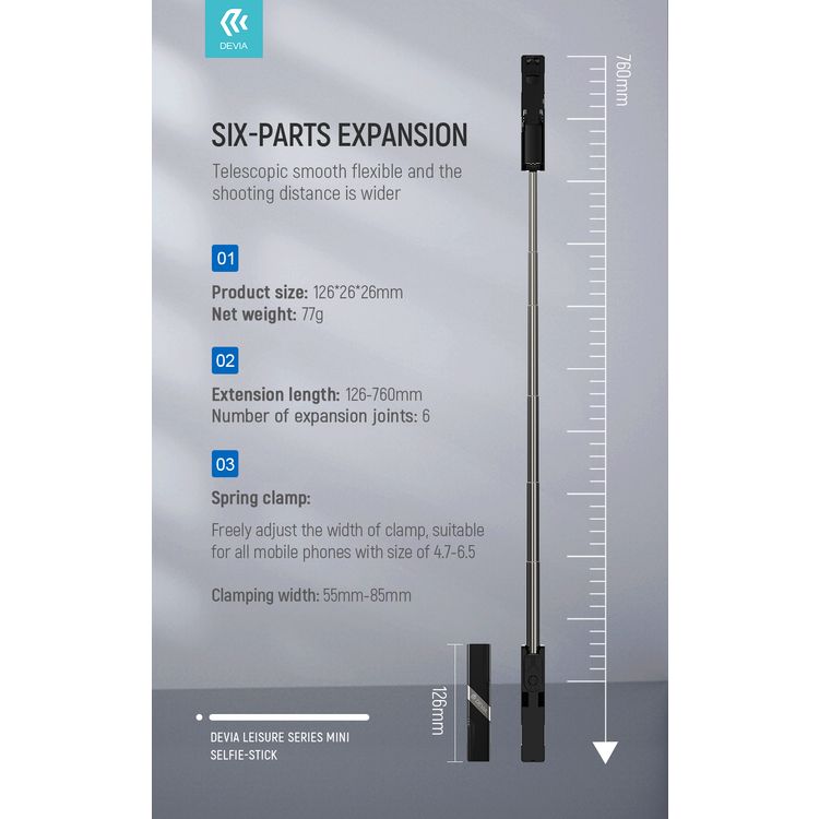 Devia Leisure Series Mini Selfie-Stick (3.5mm), Embedded Bluetooth Remote Control Snapshot, One-Hand Comfortable Grip, Light and Portable, Suitable for all Smartphones - Black