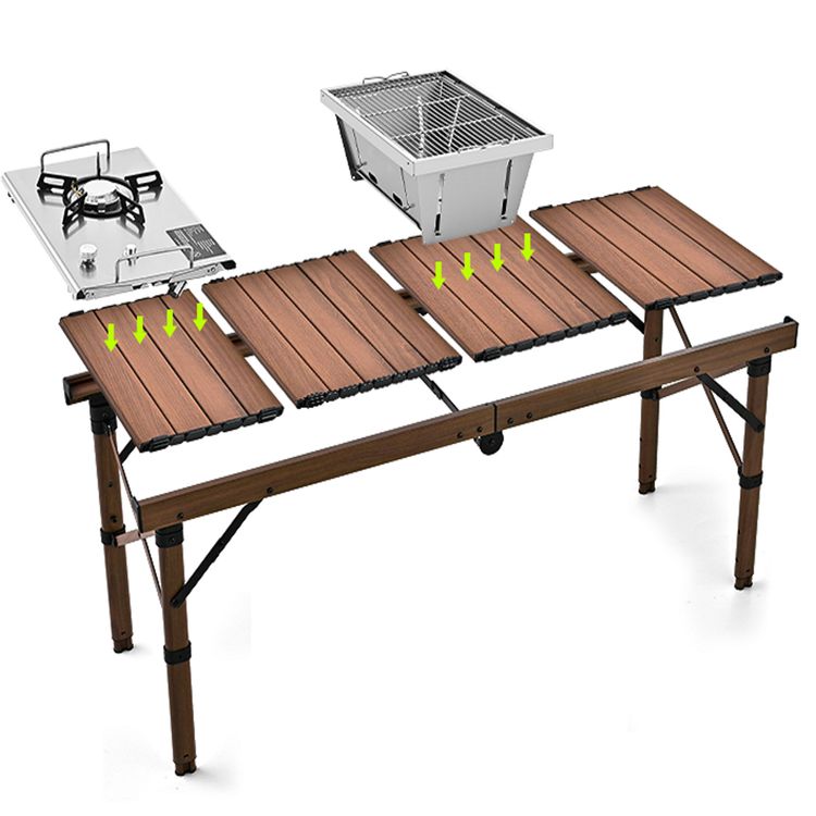 Porodo Lifestyle Portable Folding Camping Table with Detachable Stove and Mesh, 150kg Load Capacity, 45.5 to 58cm Height Range, Aluminum Material - Brown