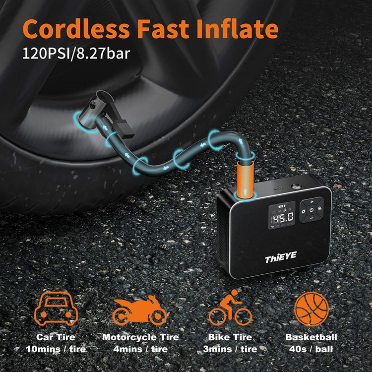 ThiEYE Air Compressor AirKit2, Portable Tire Inflator, 120 PSI Cordless Tire Pump, Digital LCD Screen, Light for Car Bike Motorcycle, Truck Ball