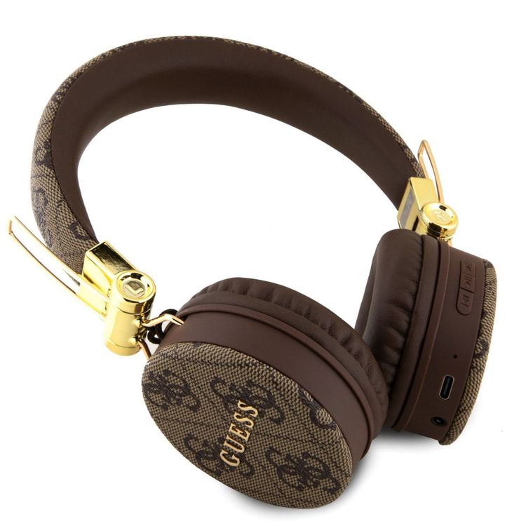 Guess سماعات رأس لاسلكية 4G جلد PU مع شعار معدني - بني