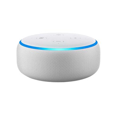 أمازون مكبر صوت ايكو دوت (الجيل الثالث) يتم التحكم فيه بالصوت ، اسأل اليكسا لتشغيل الموسيقى ، والإجابة على الأسئلة ، وقراءة الأخبار ، وتوصيل مكبر الصوت عبر بلوتوث أو مع كابل صوت 3.5 مم ، ابيض