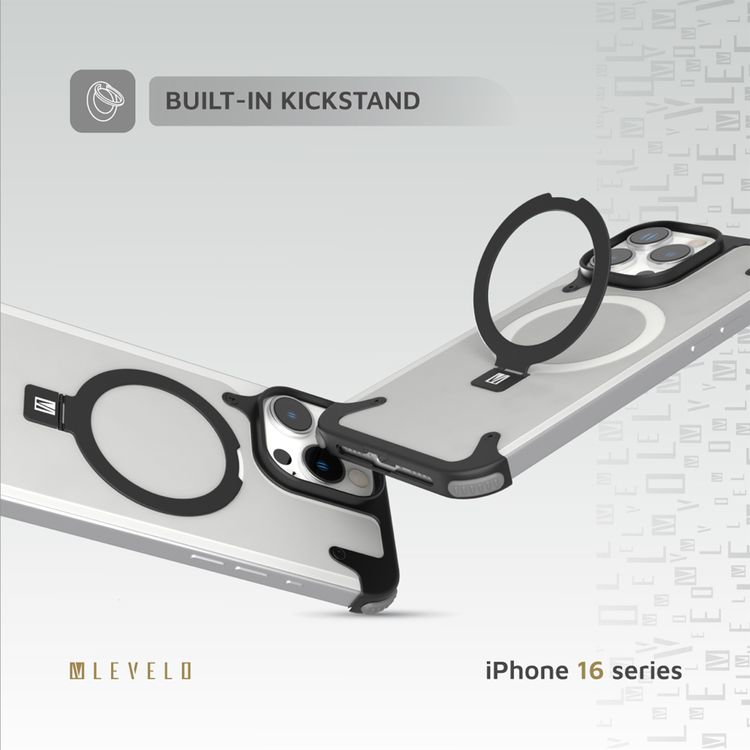 كفر حماية Levelo Metallo المصنوعة من الألومنيوم لهاتف iPhone 16 Pro Max، متوافقة مع MagSafe، مع حامل معدني وزوايا مقاومة للصدمات - أسود 