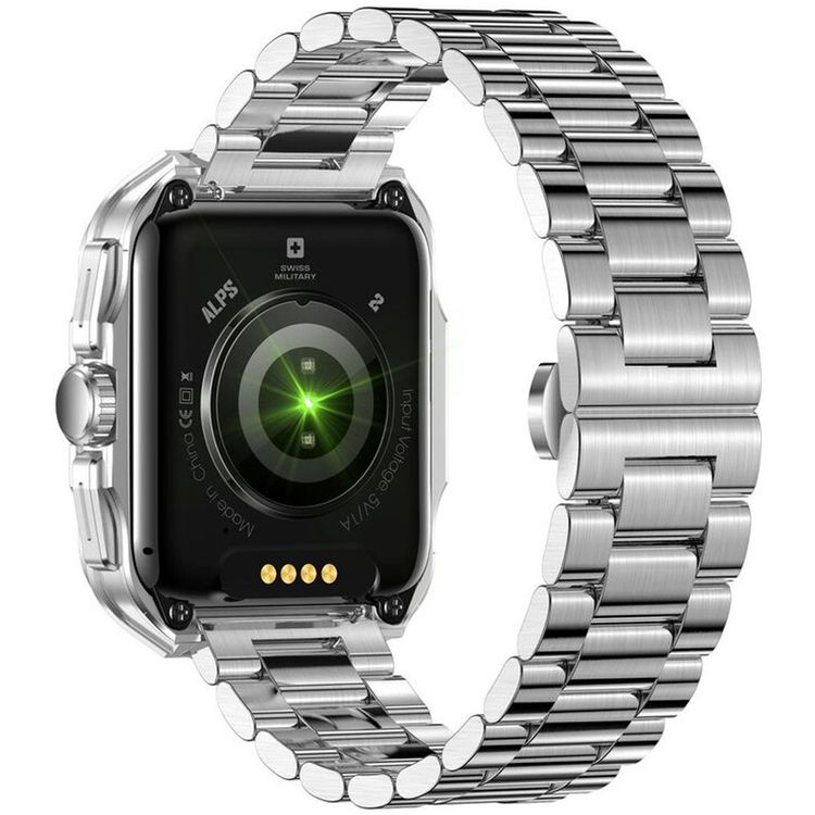 Swiss Military Alps 2, 1.85" HD Display, 4GB Built-in Memory, Workout Detection, Blood Pressure & Oxygen Level Monitoring, Make and Receive Calls - Silver Frame and Silver Stainless Steel Strap