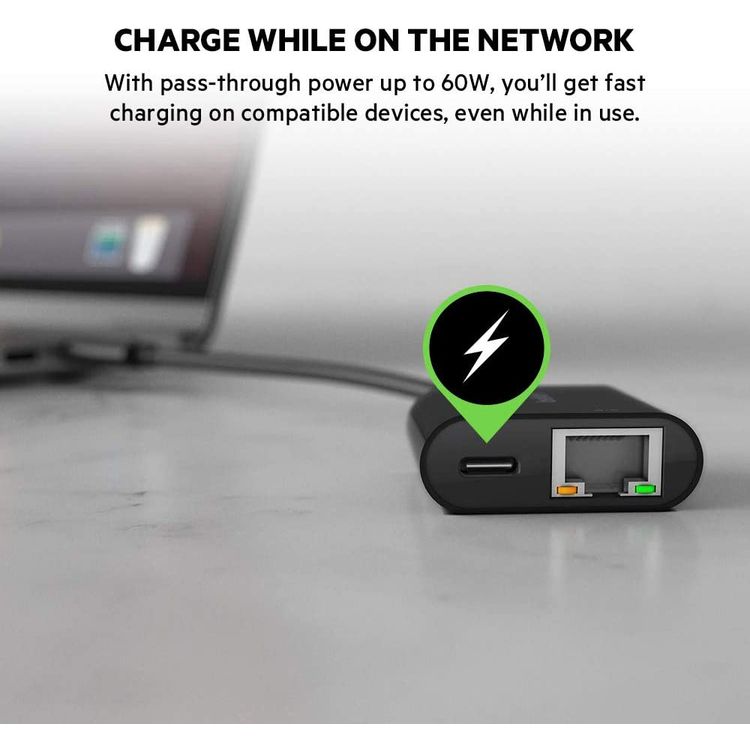 Belkin Adapter USB-C to Gigabit Ethernet 60W PD, Plug-and-play USB-C to Ethernet Adapter Compatible with Mac & Windows Laptops and other USB-C Devices - Black