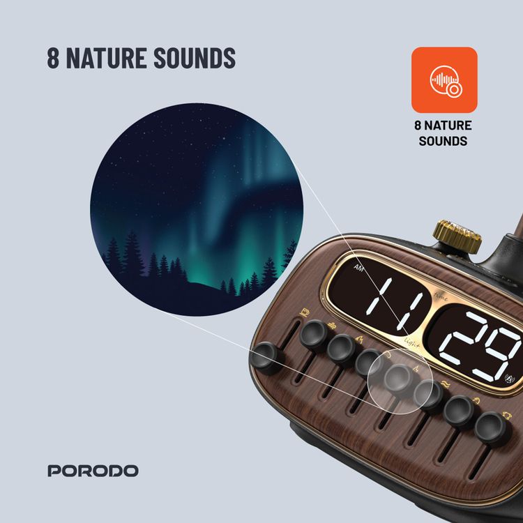 مصباح مكتبي ريترو من بورودو مع ضوضاء بيضاء ومكبر صوت بتقنية البلوتوث ووظيفة التنبيه والغفوة و3 مستويات سطوع (منخفضة ومتوسطة وعالية) وشحن لاسلكي مزدوج وشاشة رقمية عالية الدقة - أسود 