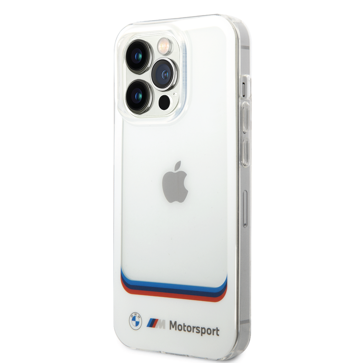BMW Motorsport Collection PC/TPU IML Case Big Square Transparent and Printed Bottom Logo iPhone 14 Pro Max Compatibility - White