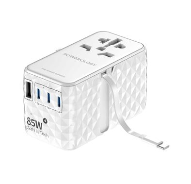 Powerology Universal Adapter 85W Super Charger with Type-C Cable - White