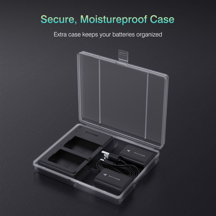 RAVPower NP-FW50 Camera Battery Charger Set with Moistureproof Case Compatible for Sony A6000, A6500, A6300, A7, A7II, A7SII, A7S, A7S2, A7R, A7R2, A7RII, A55 (2-Pack, 1100mAh)