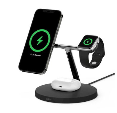 شاحن لاسلكي من بيلكن 3 في 1 شاحن لاسلكي سريع WIZ009MYBK - أبيض