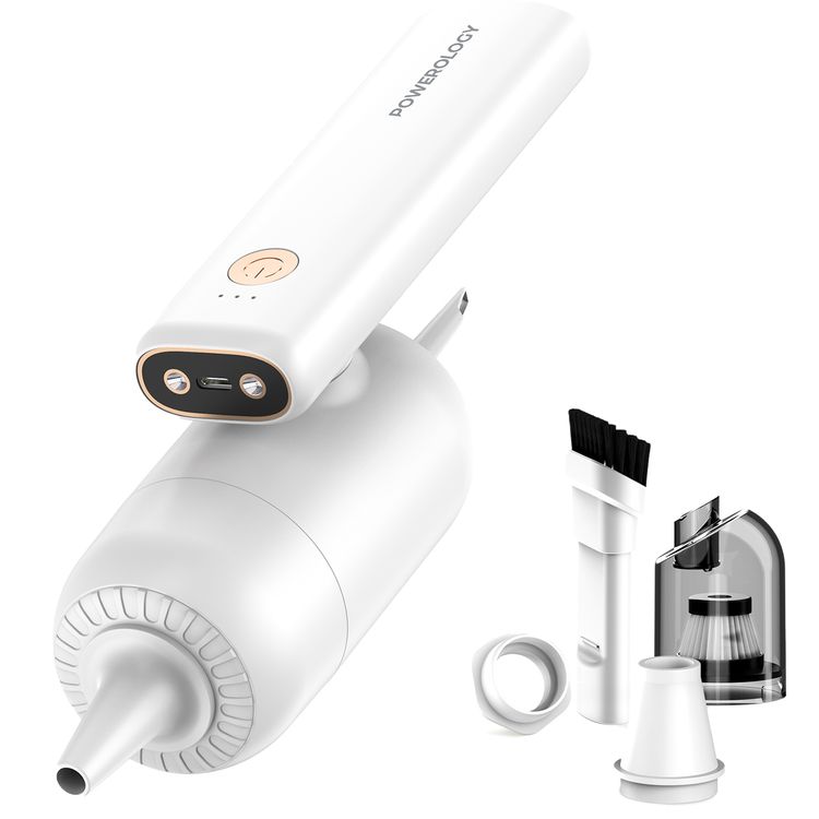 Powerology 4 in 1 180° Foldable Car Vacuum Cleaner with Type-C Charging Port, LED Indicator and 4 Nozzles - White