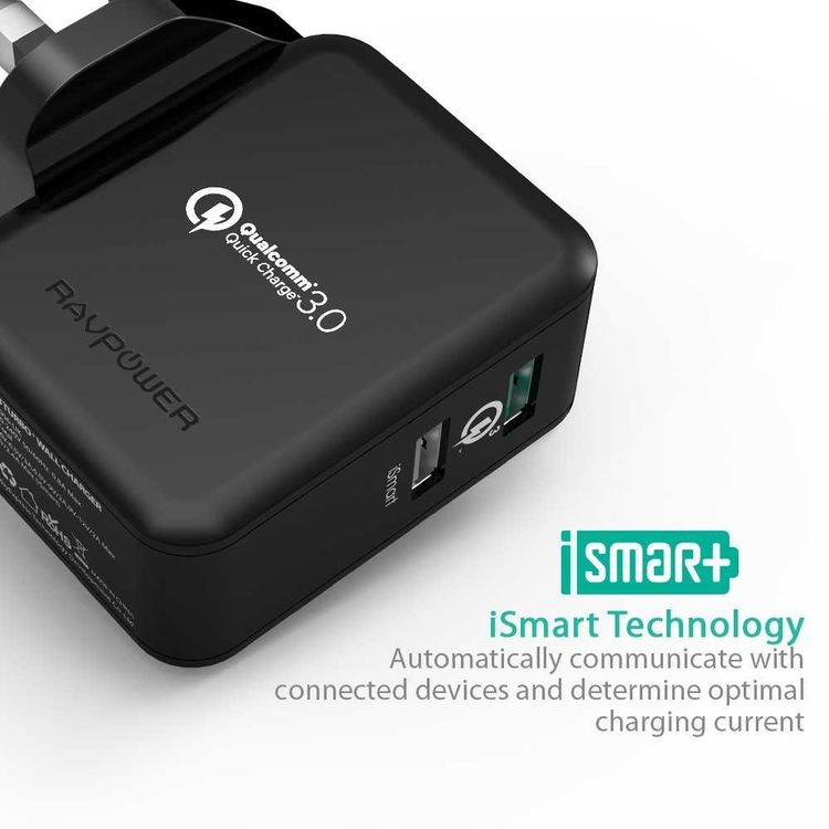 RAVPower QC3.0 30W Dual USB-A Port Wall Charger UK with iSmart Fast Charging Technology - Small & Travel-friendly Portable Adapter with Multiple Protection - Black