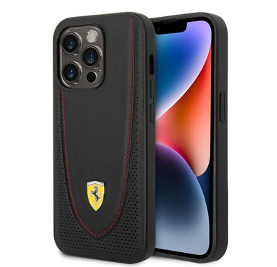 CG Ferrari Magsafe Compatibility Genuine Leather Hard Case with Curved Line Stitched iPhone 14 Pro Max Compatibility - Black