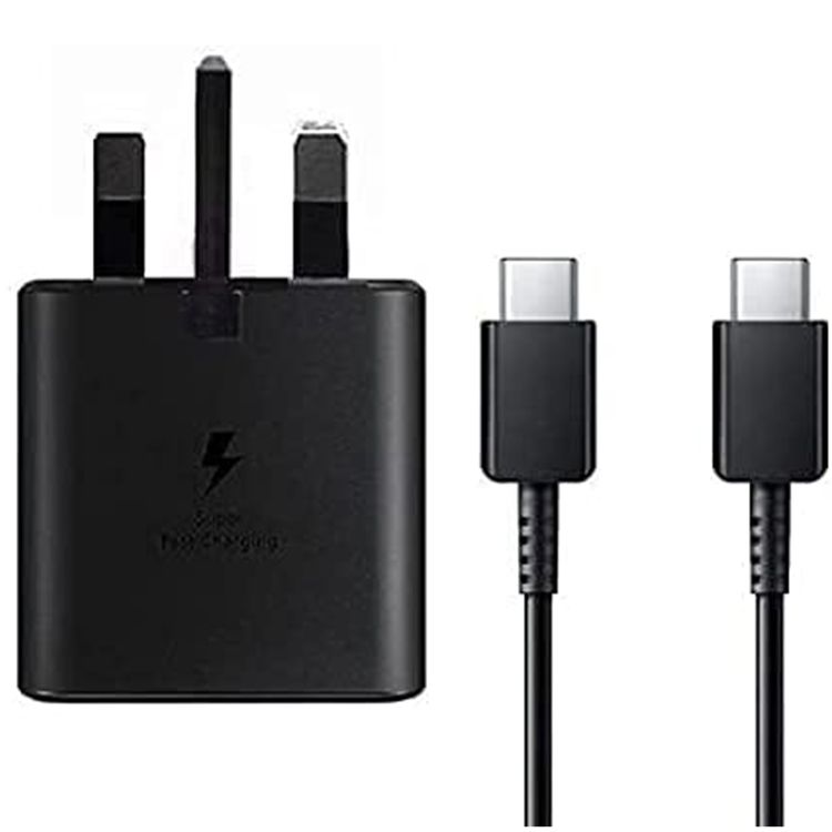 محول السفر من سامسونج بقوة 25 واط، بسنين و كابل من نوع USB-C إلى USB-C - باللون الأسود