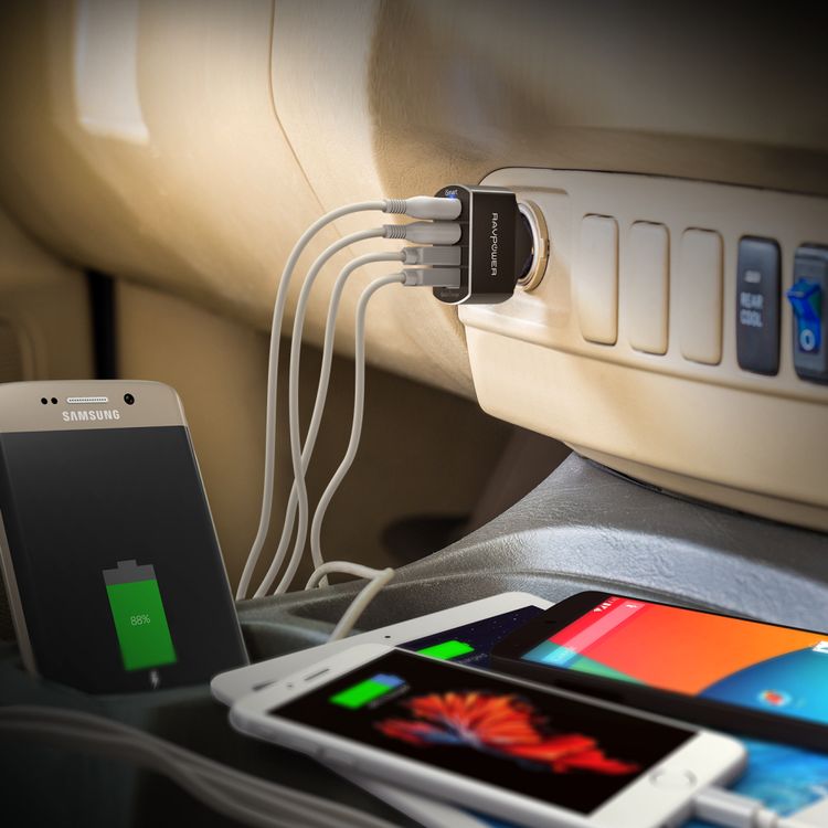 راف باور شاحن سيارة 4 منافذ شحن سريع 3.0 54 وات ، محول طاقة للسيارة بتصميم مدمج ومحمول مع تقنية ايسمارت 2.0 ، شحن سريع وآمن ، مقاوم للخدش ، مؤشر طاقة ليد ، مقبس شاحن سيارة من الألومنيوم