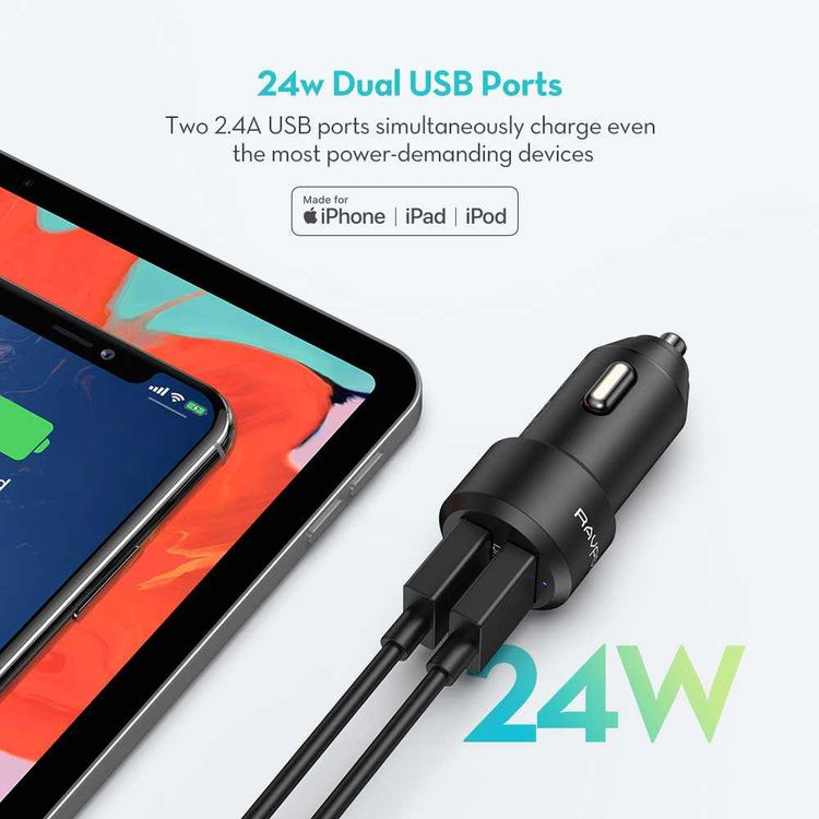 RAVPower 2-Pack Dual USB Ports Car Charger Combo 24W w/ 1M Cable Compatible for iPhone Lightning Devices - Compact Car Power Adapter - iSmart Fast Charging Technology - Black