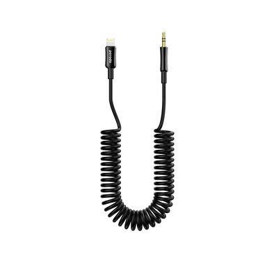 Porodo 3.5mm Lightning AUX Coiled Audio Cable Convenient Tangle-Free Design 1.2m/4ft, Lightning to AUX, Universal Compatibility, Auto Retractable - Black