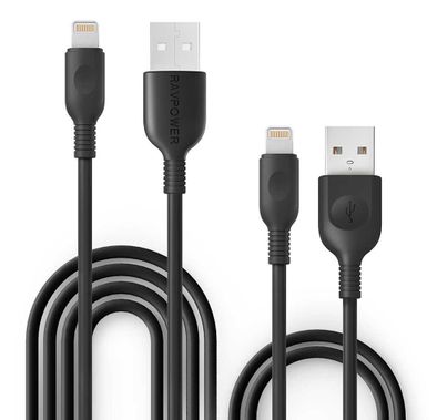 RAVPower 2 Pack Cable Compatible for iPhone Lightning Devices - Soft & Fire-Resistant TPE Connector - Fast Charging Cord - Long Lasting Durable Cable - Black