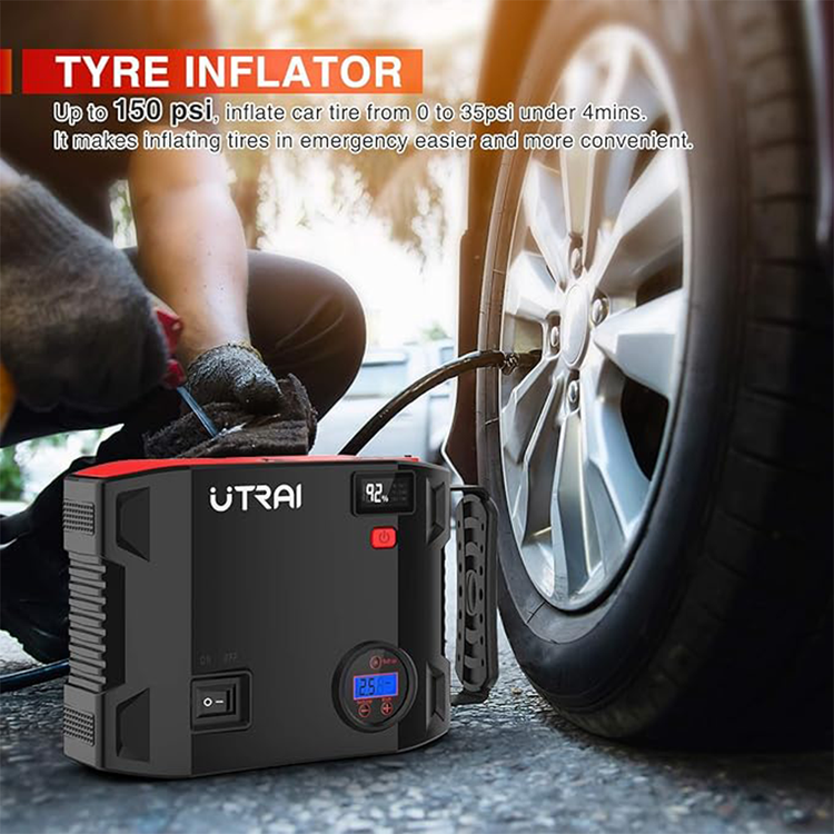 UTRAI Jstar 5 Portable Jump Starter & Air Compressor, 2000A 24000mAh, 150 PSI, 12V Battery Pack for 8L Gas & 7.5L Diesel Engines, Emergency Light, LCD Screen, USB QC3.0 - Black