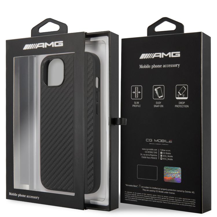 CG MOBILE AMG PC/TPU Case with PU Carbon Effect Gray Leather Stripe & Hot Stamped Logo Compatible for iPhone 13 Pro Max (6.7") Easy Access to All Ports, Shock-Absorption, Anti-Scratch, & Drop Protection Back Cover Suitable with Wireless Charging Officially Licensed