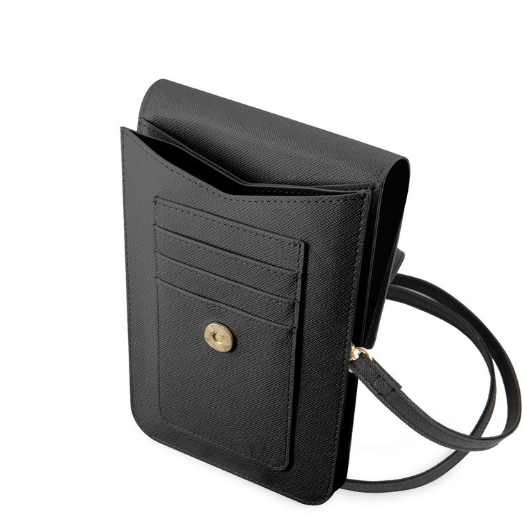 CG MOBILE Guess PU Saffiano Script Crossbody Wallet Bag with Adjustable Strap, Slim Portable Phone Bag Suitable for Outdoor, Business, Office, School Officially Licensed - Black