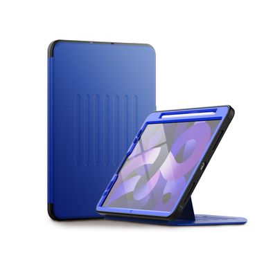 غطاء Levelo Luxora لجهاز iPad 11" (2018 - 2022)، قابل للتعديل لزوايا عرض متعددة، مصنوع من جلد PU فاخر، مقاوم للصدمات، مضاد لبصمات الأصابع، حامل قلم مدمج وفتحتان لحفظ البطاقات، إغلاق بغطاء مغناطيسي - أزرق