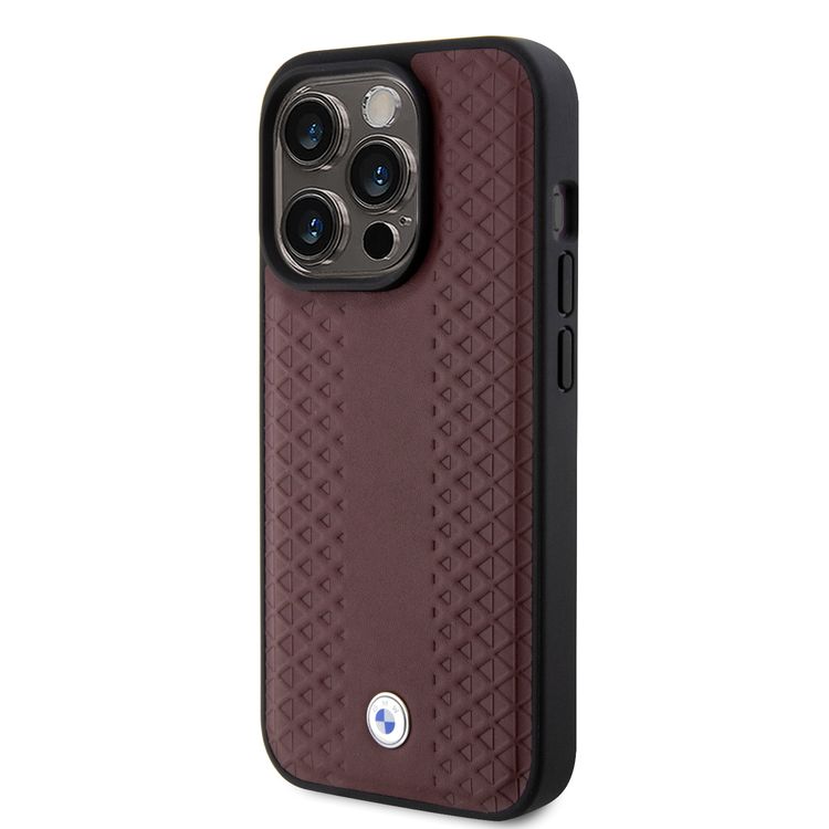 BMW Leather Case with Sign Diamond Pattern for iPhone 15 Pro  - Burgundy