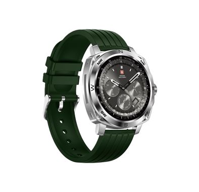 Swiss Military DOM4 Smartwatch, 1.43" AMOLED Display, Built in Compass, Bluetooth Calling, Workout Detection - Silver with Green Silicon Strap