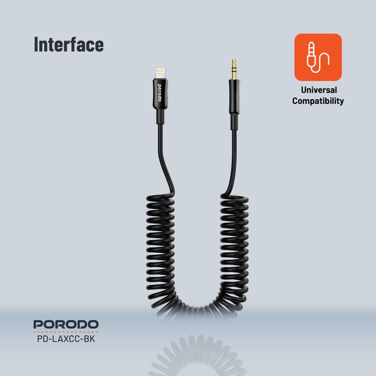 Porodo 3.5mm Lightning AUX Coiled Audio Cable Convenient Tangle-Free Design 1.2m/4ft, Lightning to AUX, Universal Compatibility, Auto Retractable - Black
