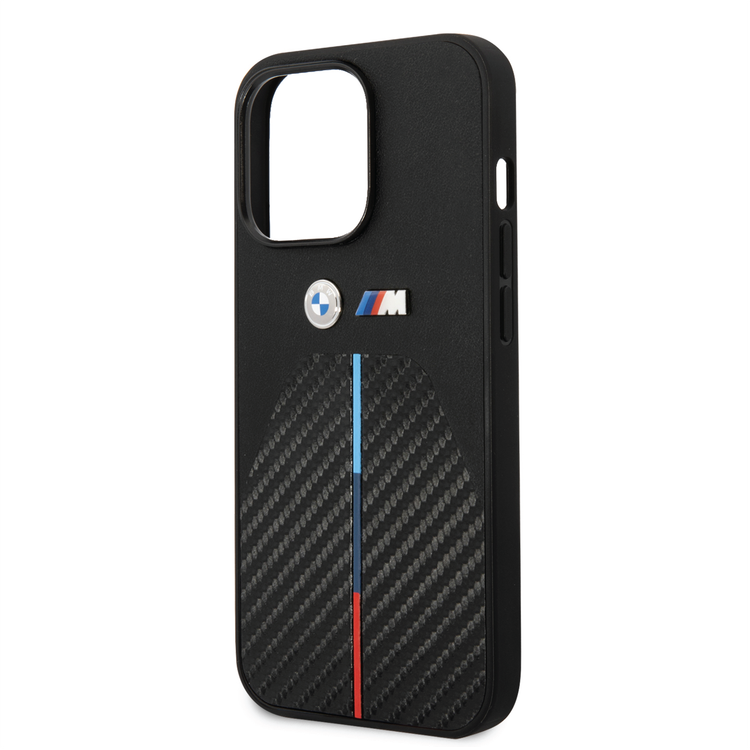 BMW M Collection Quilted PU Carbon Case with Hot Stamped Tricolor Stripe & Metal Logos iPhone 14 Pro Max Compatibility - Black