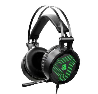 Bloody G530S Gaming Headset with Dazzling Single Green Lighting & Omni-Directional Noise-Canceling Mic., Soft Leather Auto-Adjusting Headband - Black