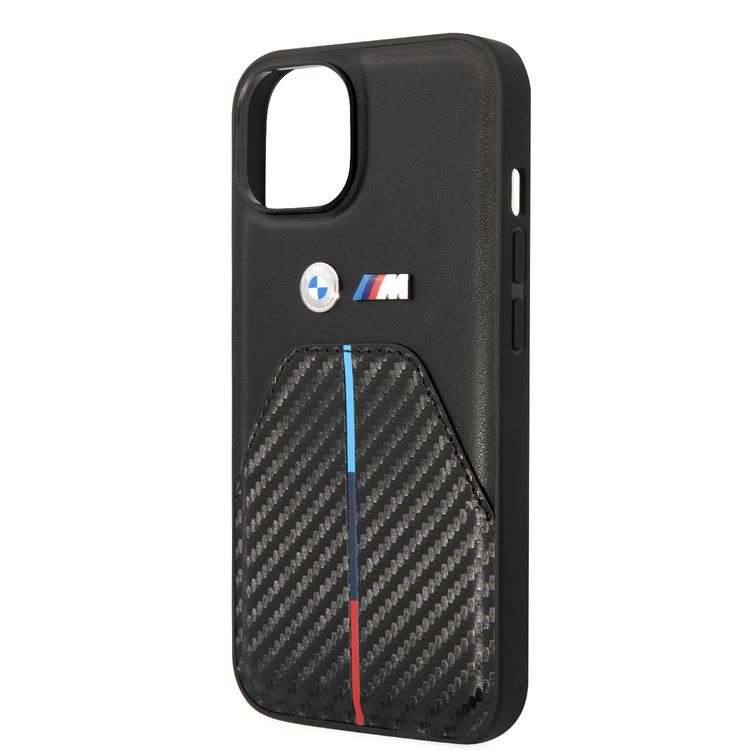 BMW M Collection Quilted PU Carbon Case with Hot Stamped Tricolor Stripe & Metal Logos iPhone 14 Compatibility - Black